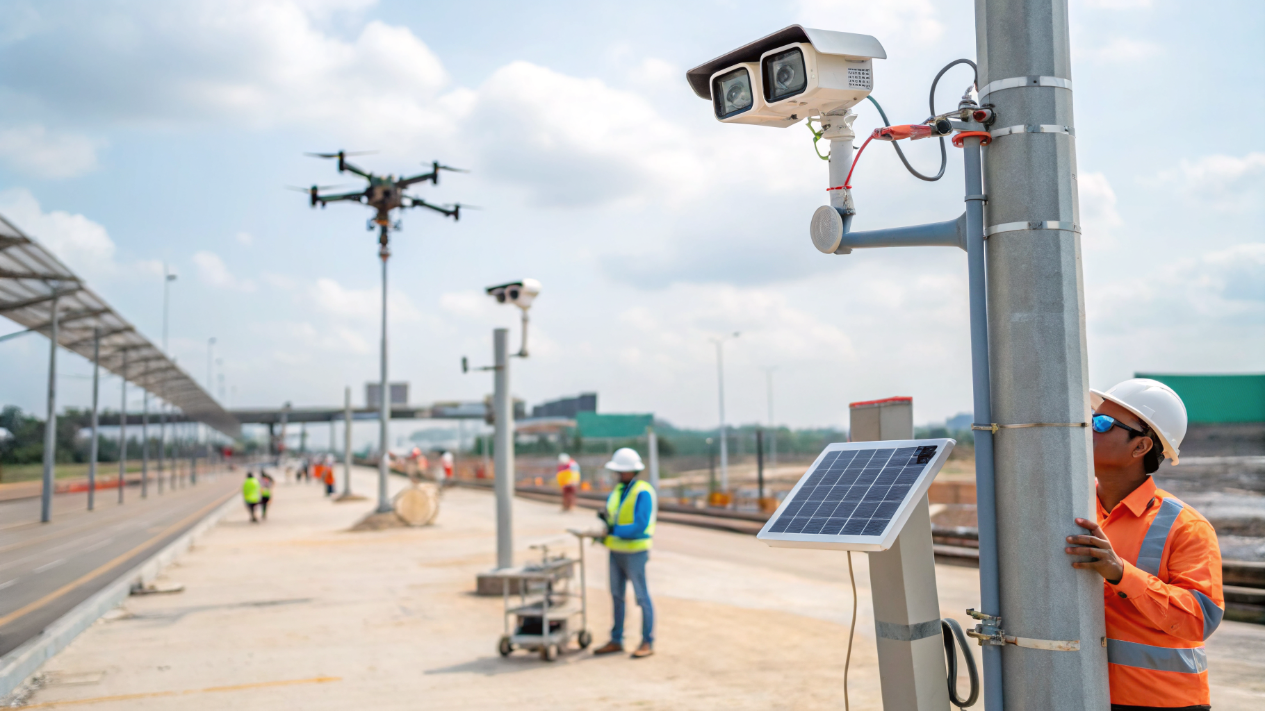 Câmeras de segurança em um canteiro de obras monitorando a segurança