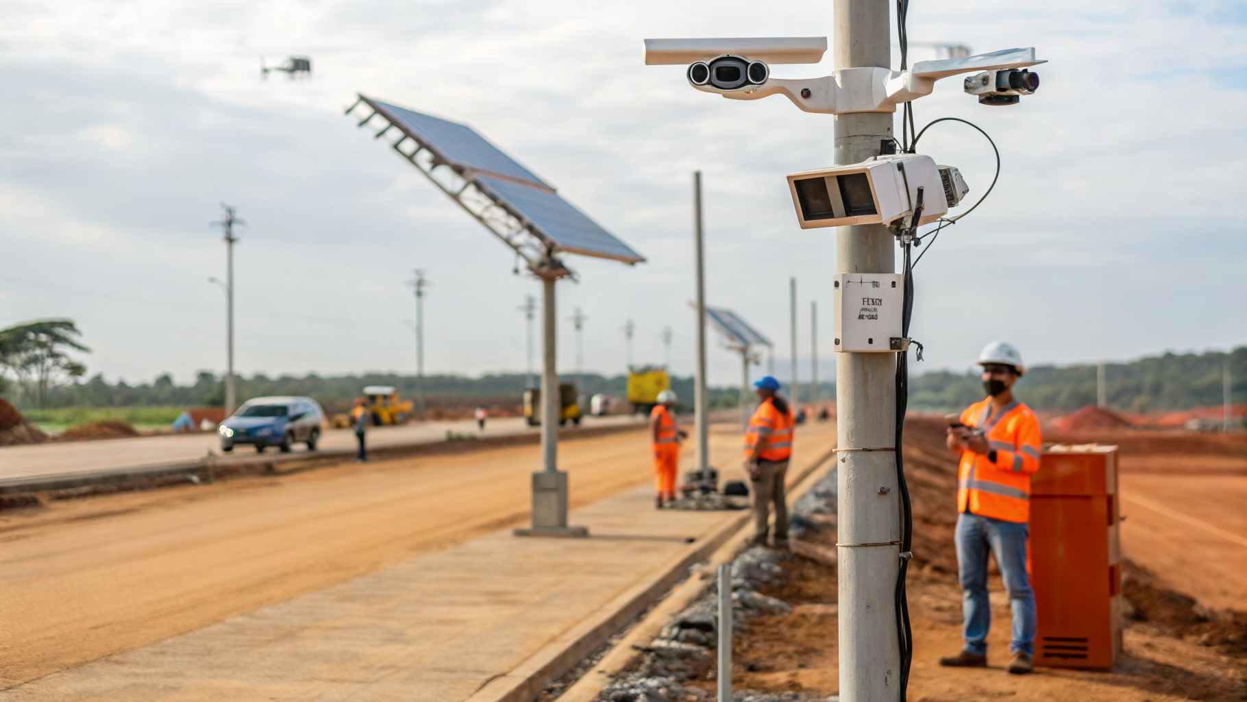 Canteiro de obras com câmeras de monitoramento.