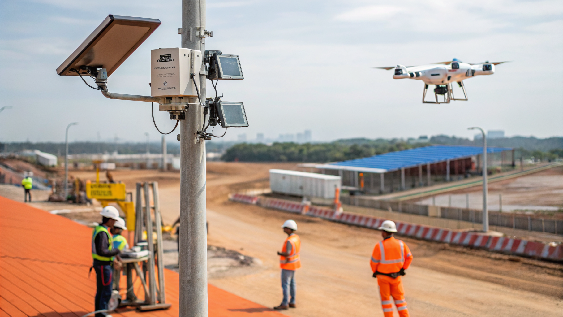 Imagem de um canteiro de obras com câmeras de segurança