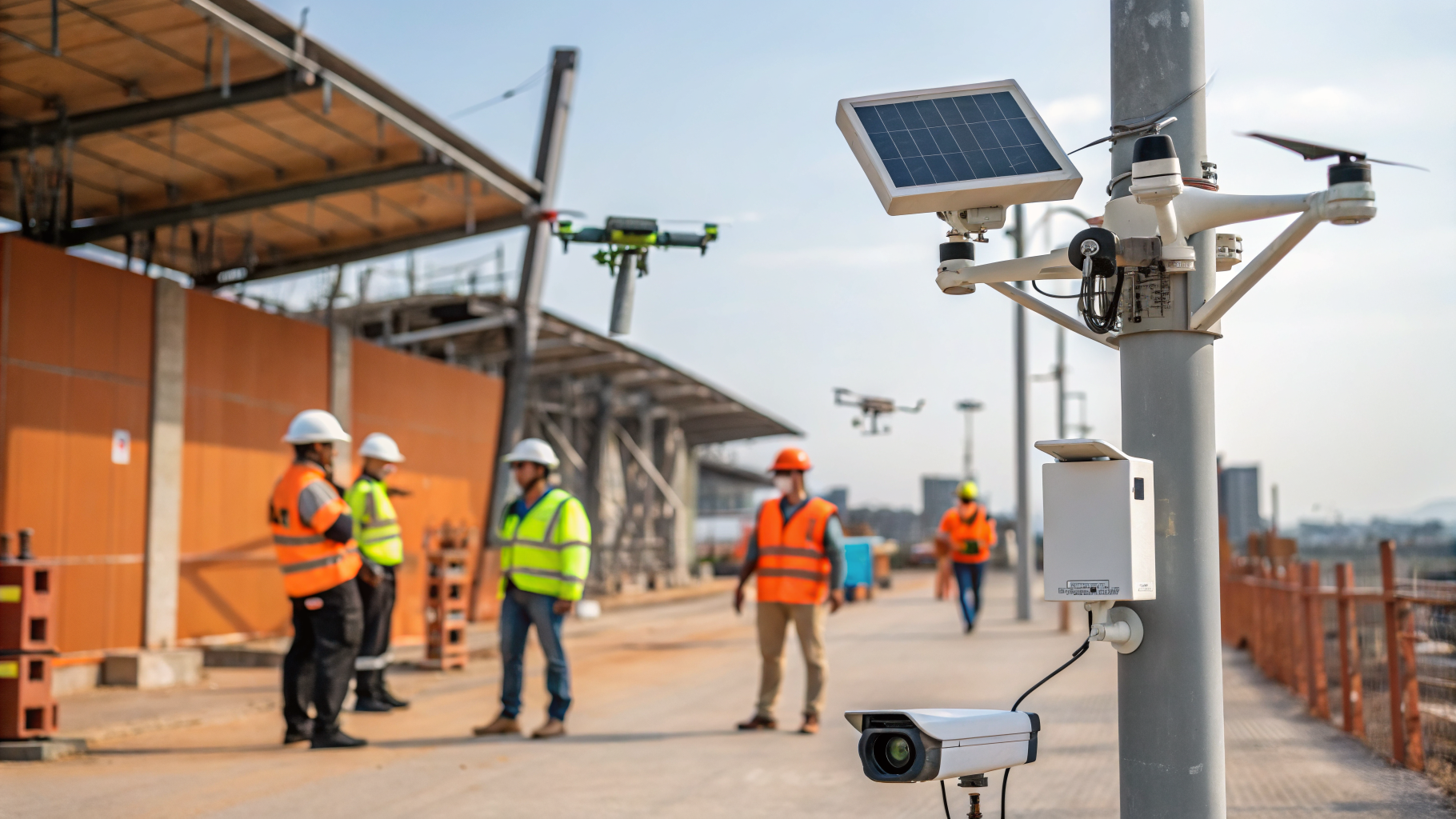 Câmeras de monitoramento em um canteiro de obras