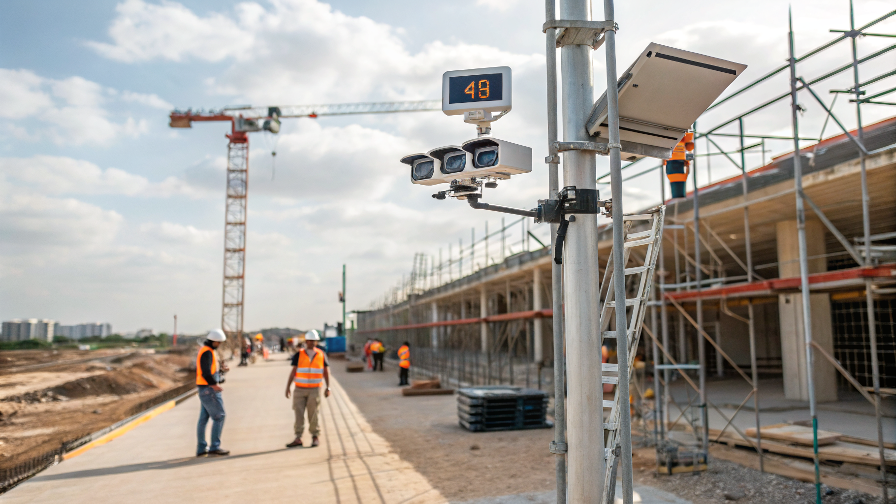 Câmeras de segurança monitorando uma obra de construção.