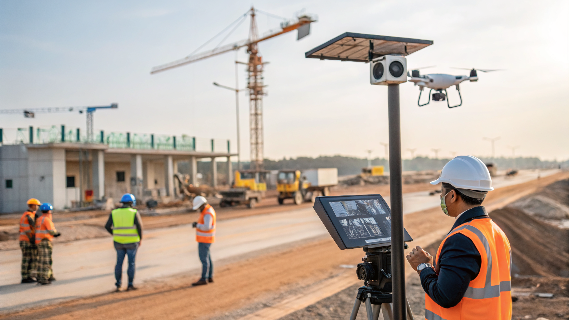 Câmeras de vigilância monitorando obras de construção