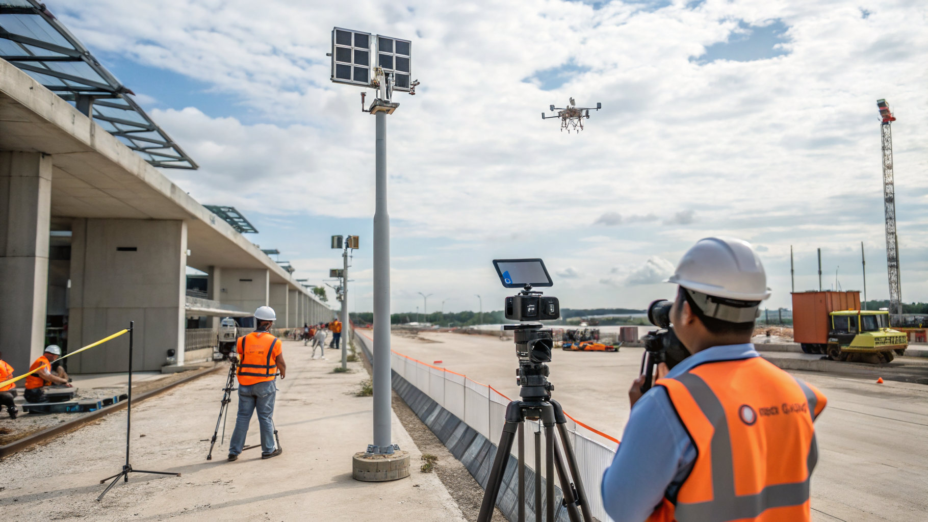Câmeras inteligentes monitorando um canteiro de obras.