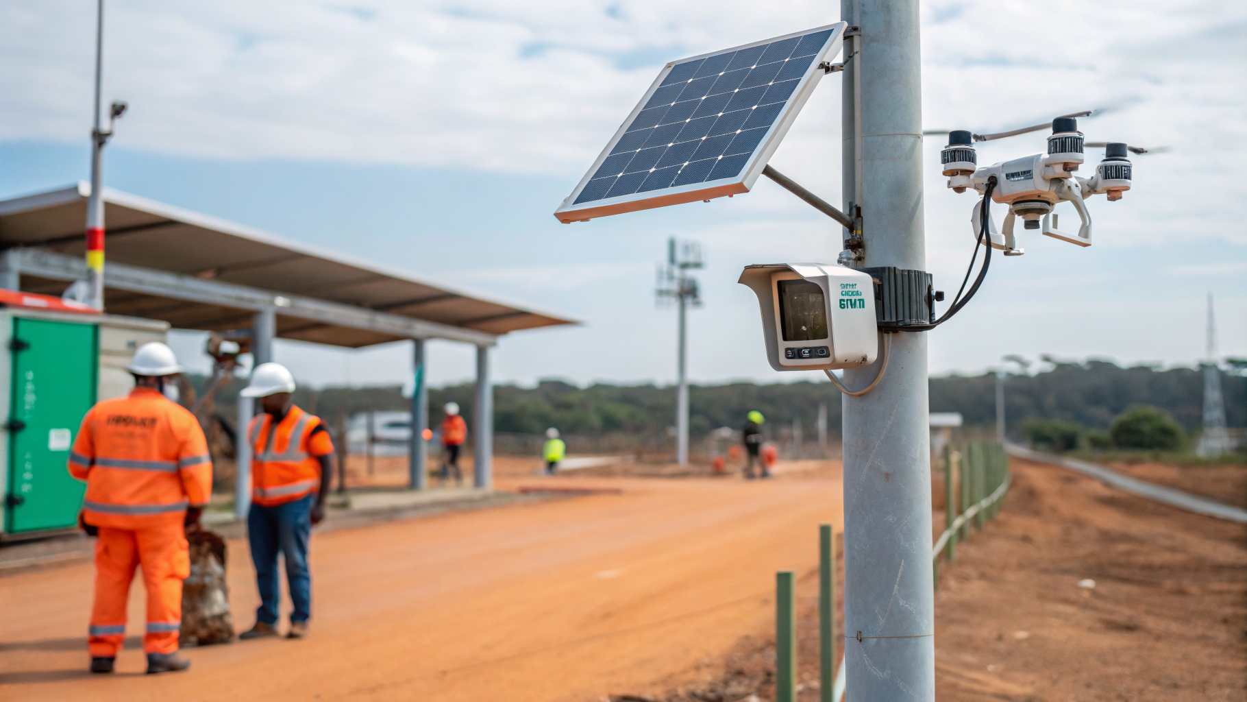 Câmera 4G em um canteiro de obras transmitindo dados de monitoramento em tempo real.