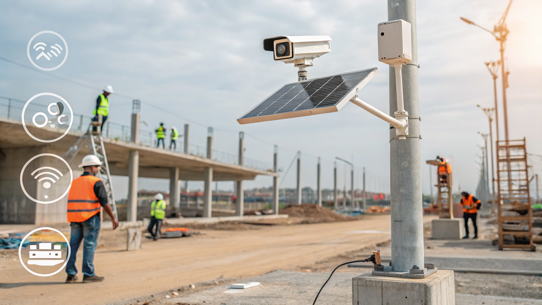 Câmera inteligente em um canteiro de obras capturando a ação em tempo real.