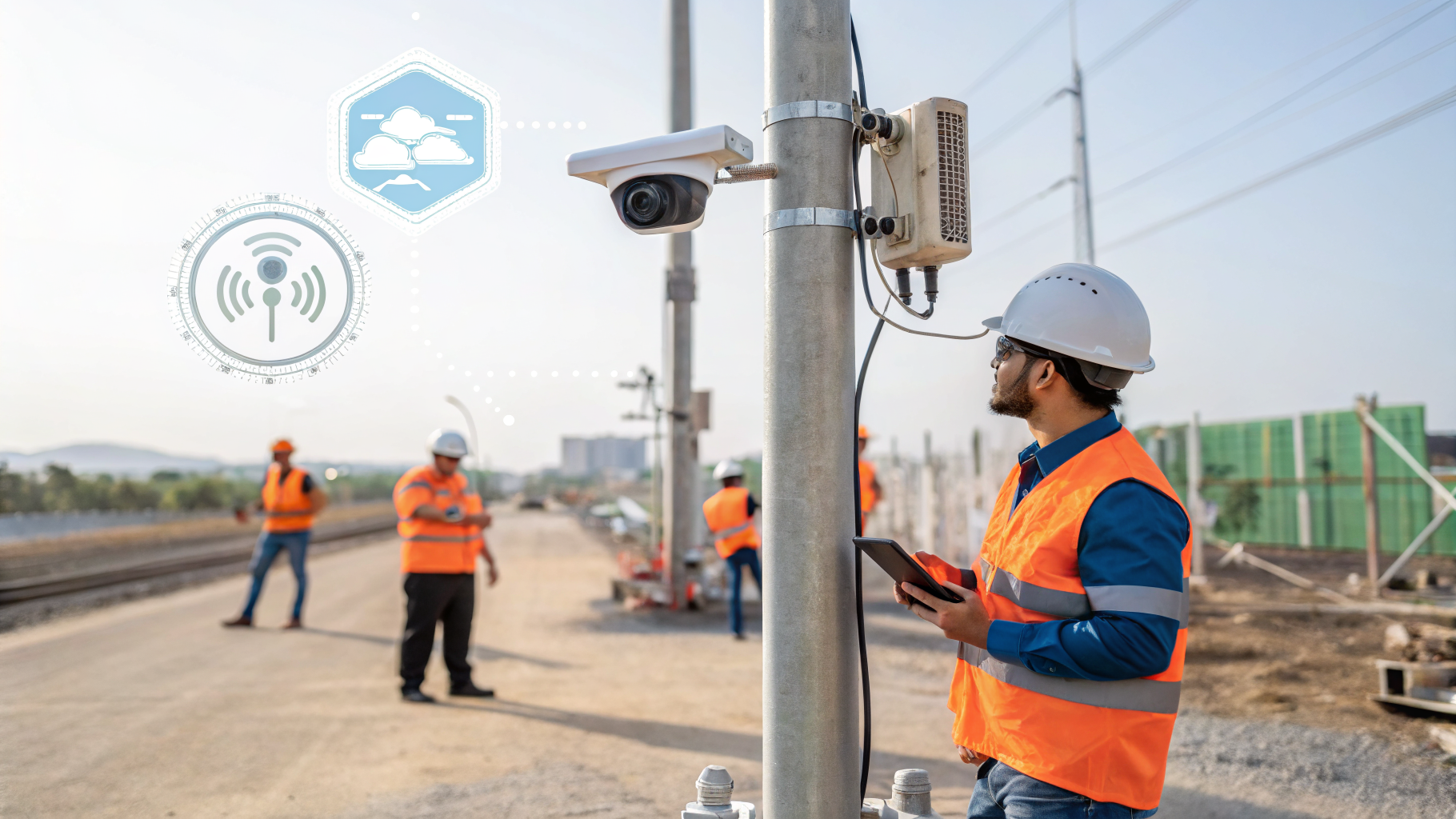 Câmeras inteligentes em um canteiro de obras, monitorando o progresso da construção.