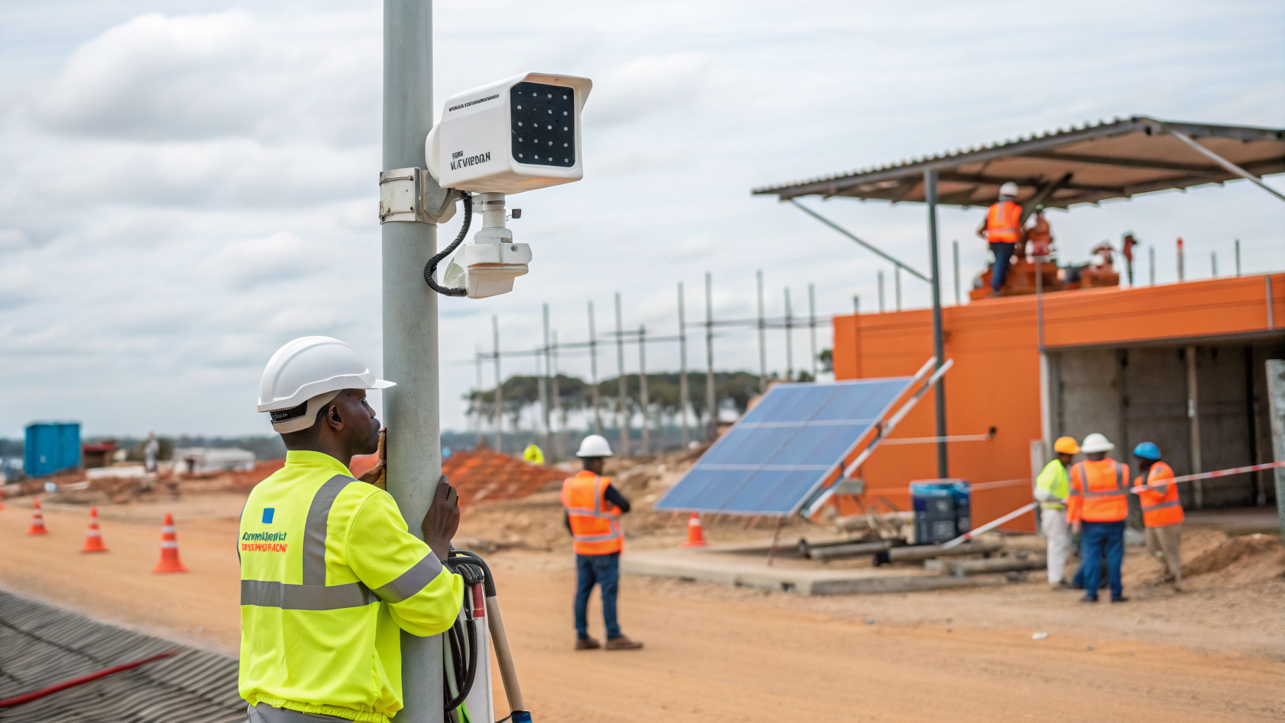 Câmera inteligente instalada em um canteiro de obras vigiando a construção.