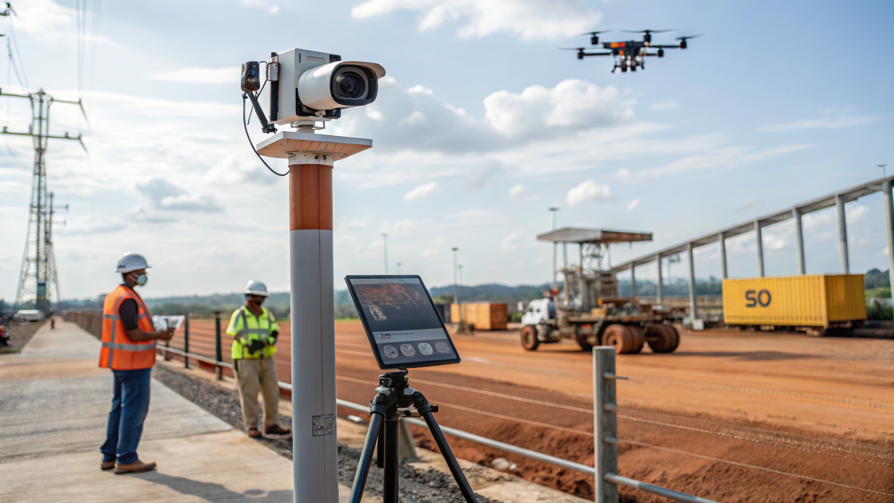 Câmera monitorando a presença de capacetes de segurança em um canteiro de obras.