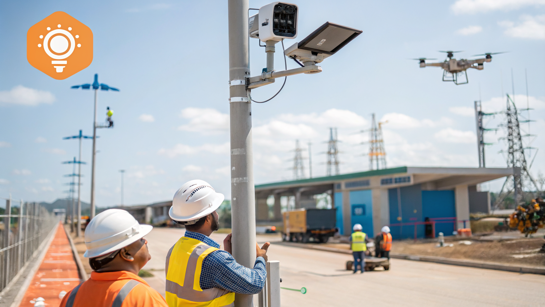 Imagem de um canteiro de obras com câmera IP monitorando a utilização de capacetes.
