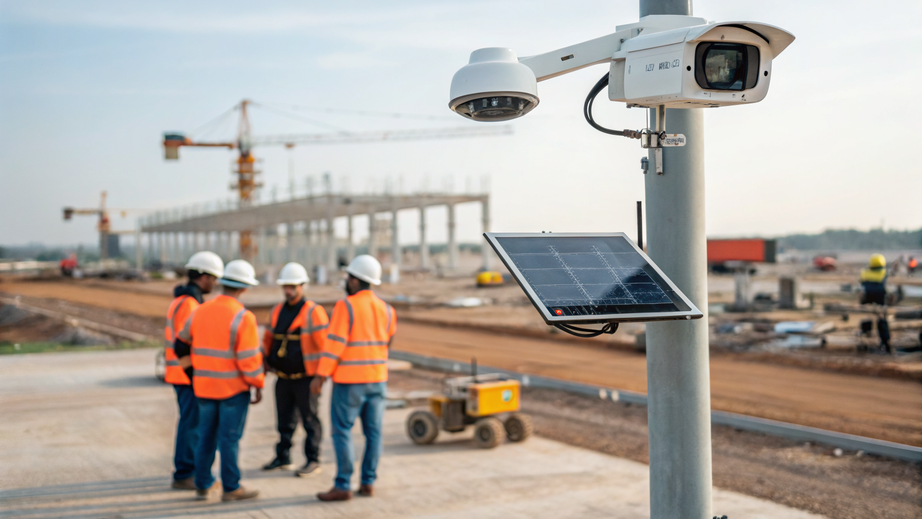 Câmera de segurança monitorando capacetes em um canteiro de obras.