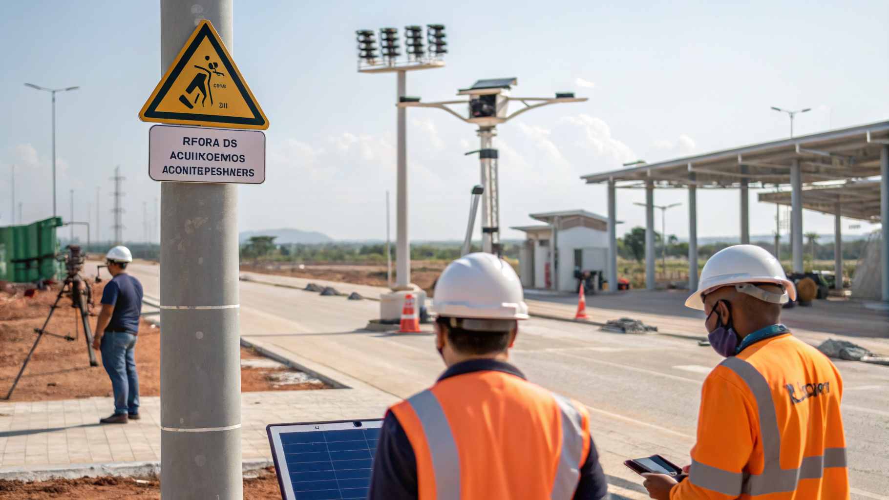 Trabalhadores de construção utilizando capacetes, com câmeras de monitoramento de inteligência artificial na obra.