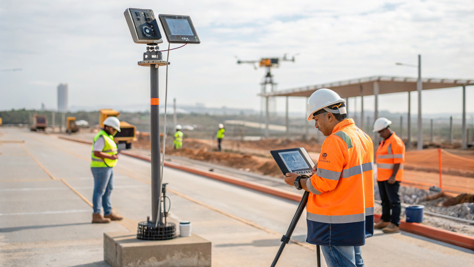 Trabalhadores em um canteiro de obras sendo monitorados por um sistema de inteligência artificial.
