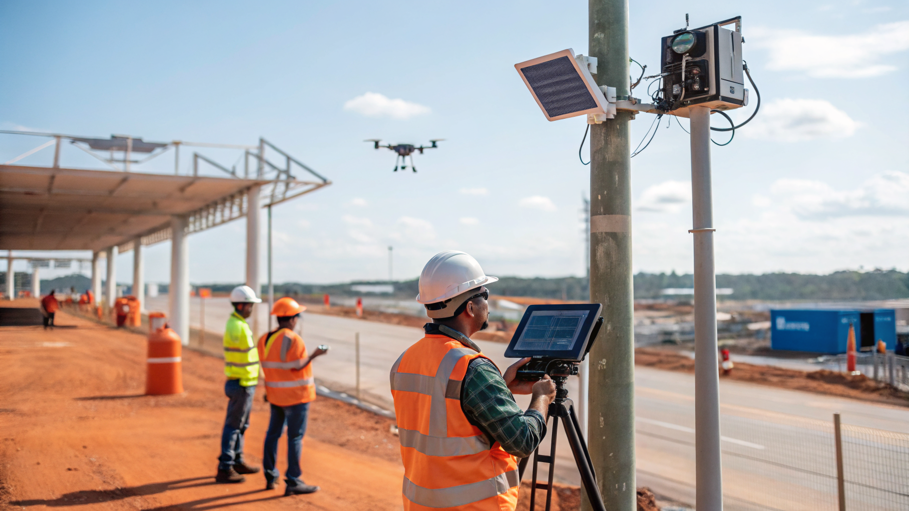 Trabalhadores de construção usando EPIs sendo monitorados por uma câmera