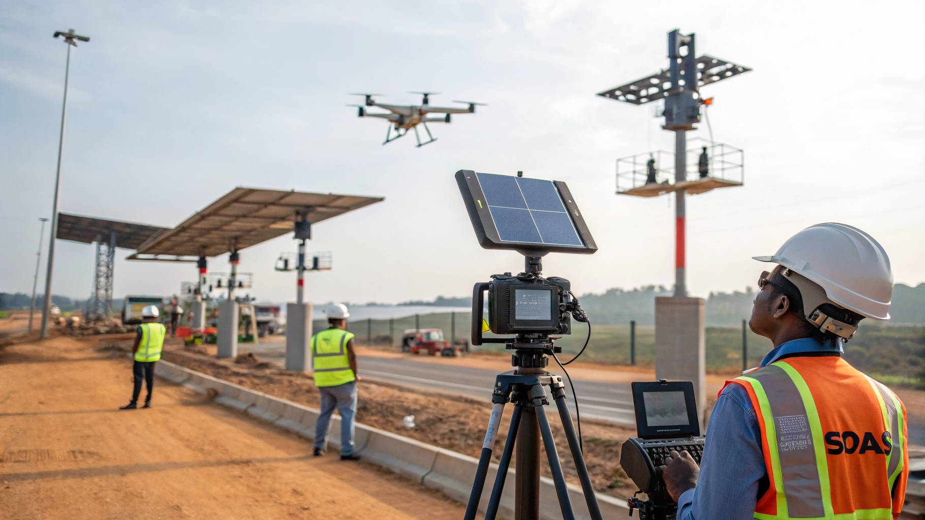 Canteiro de obras com tecnologias de monitoramento de IA em ação.