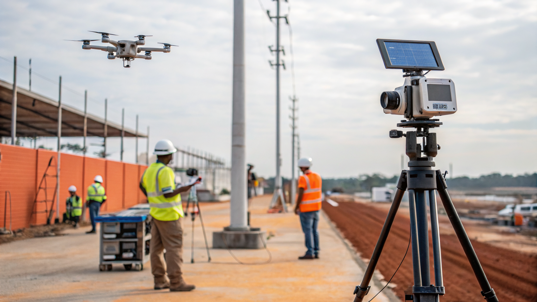 Câmeras de monitoramento em um canteiro de obras