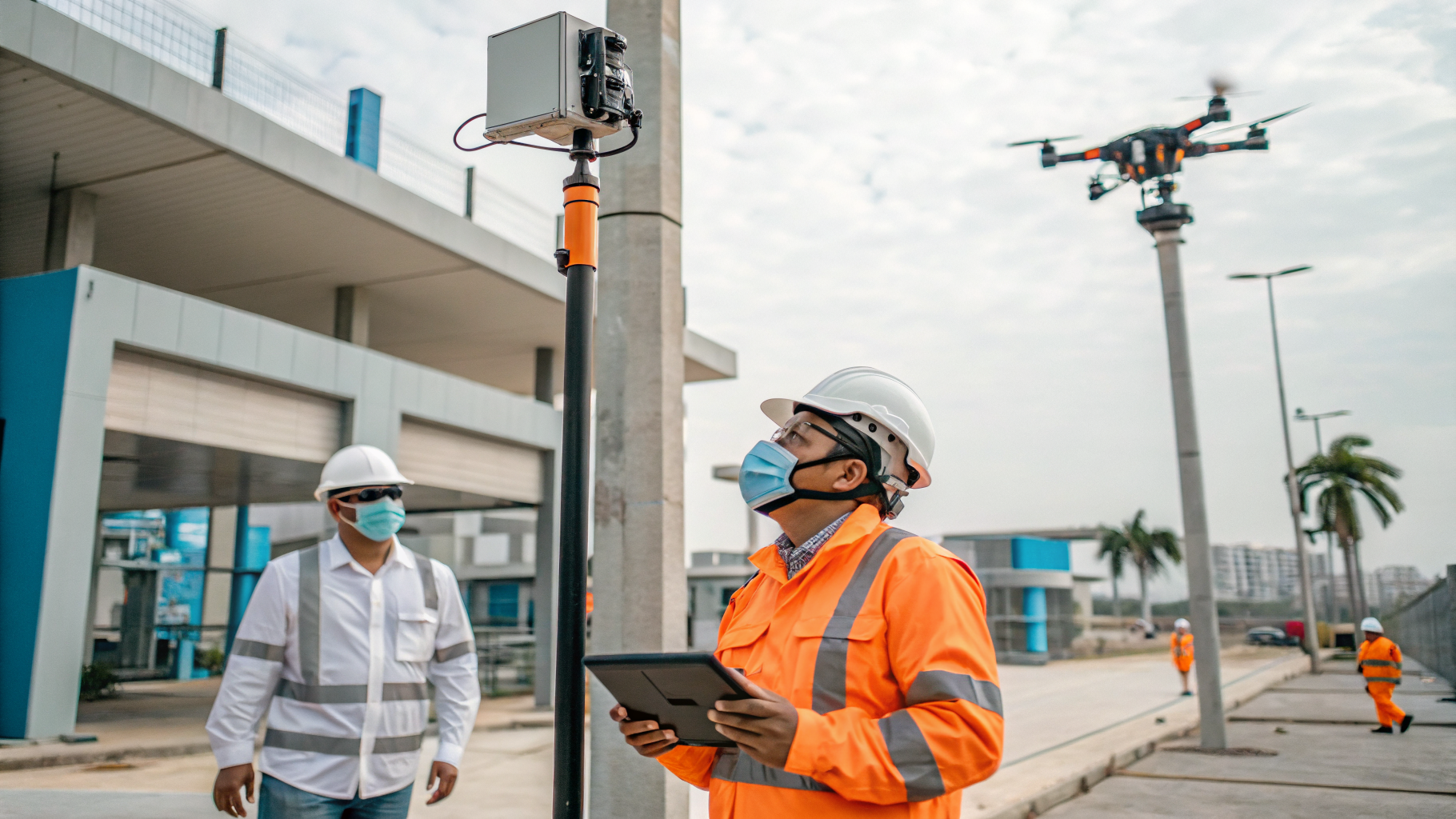 Uma foto de trabalhadores construindo com EPIs, destacando a importância deles na segurança
