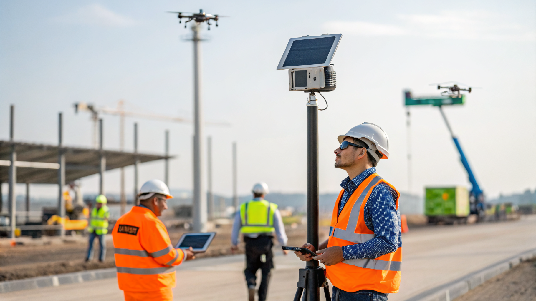 Trabalhadores com coletes refletivos em uma obra de construção