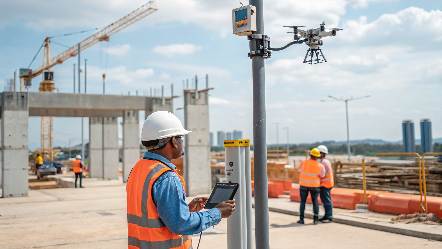 Trabalhadores de construção sem EPIs em um canteiro de obras
