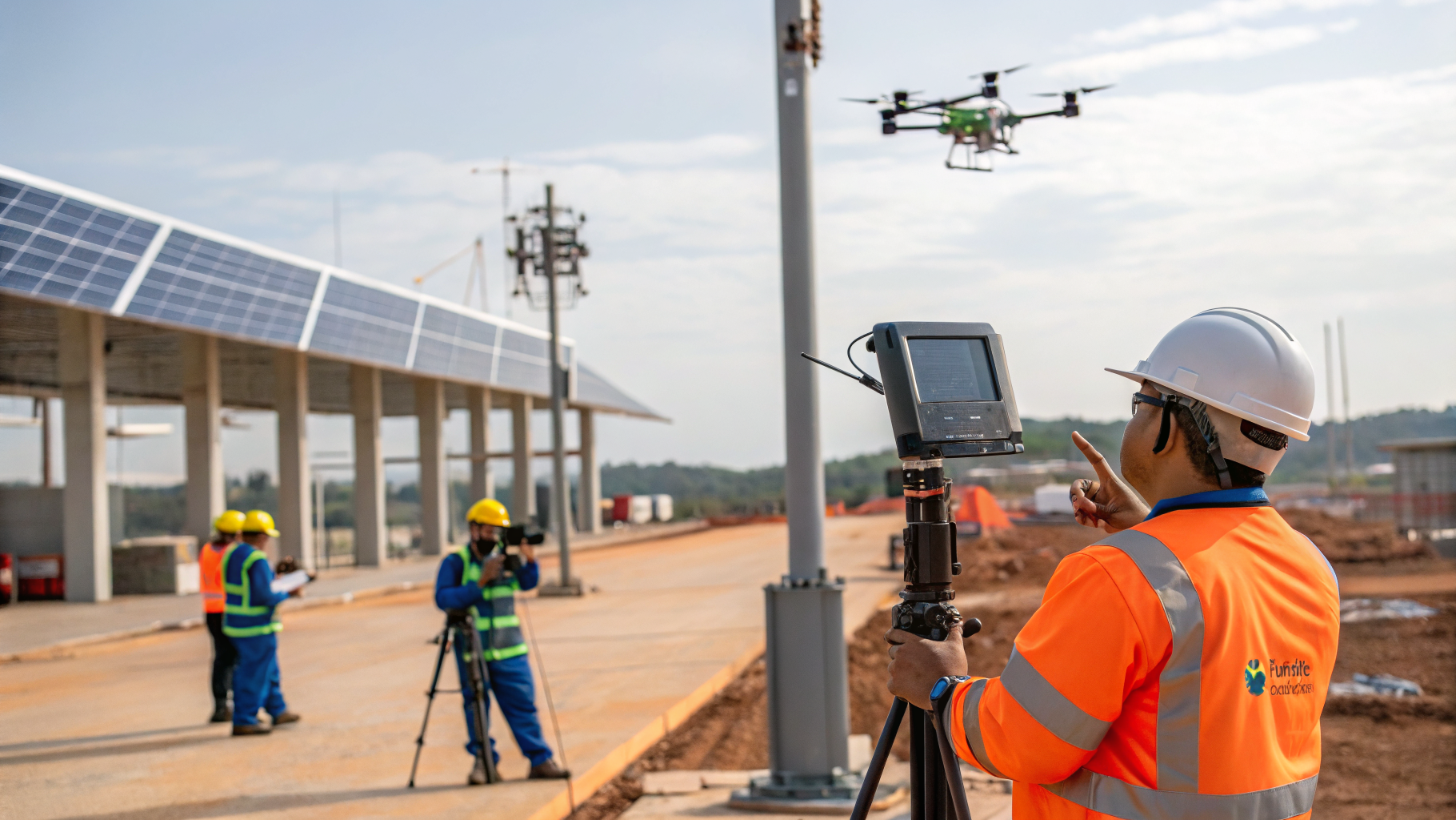 Trabalhadores com e sem EPIs em uma obra de construção