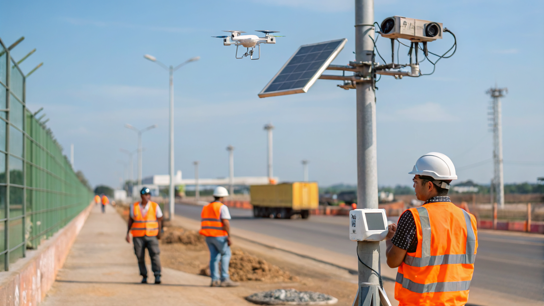 Câmeras de monitoramento detectando coletes refletivos em uma obra de construção