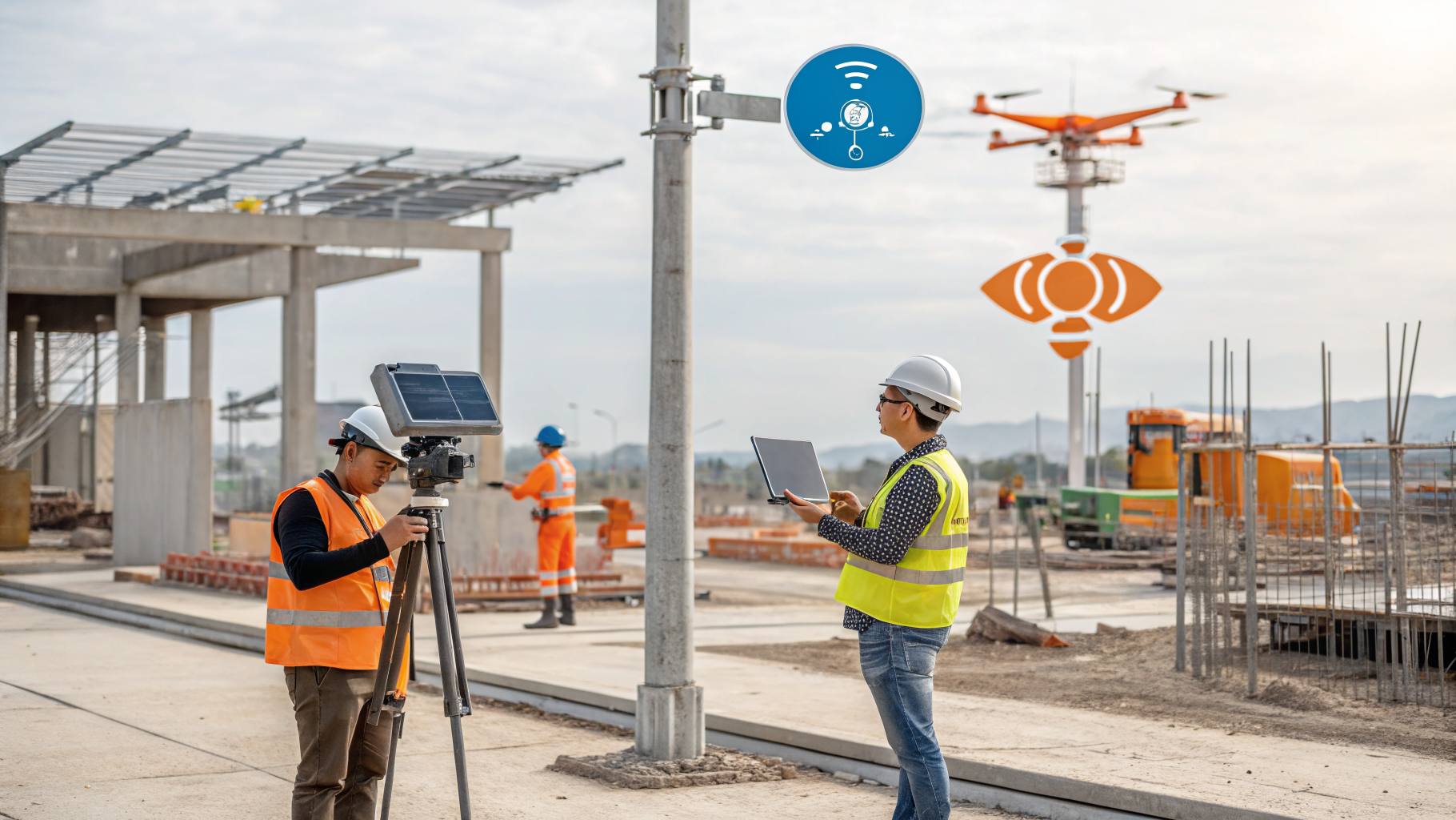 Operários em um canteiro de obras com tecnologia de monitoramento de fundo