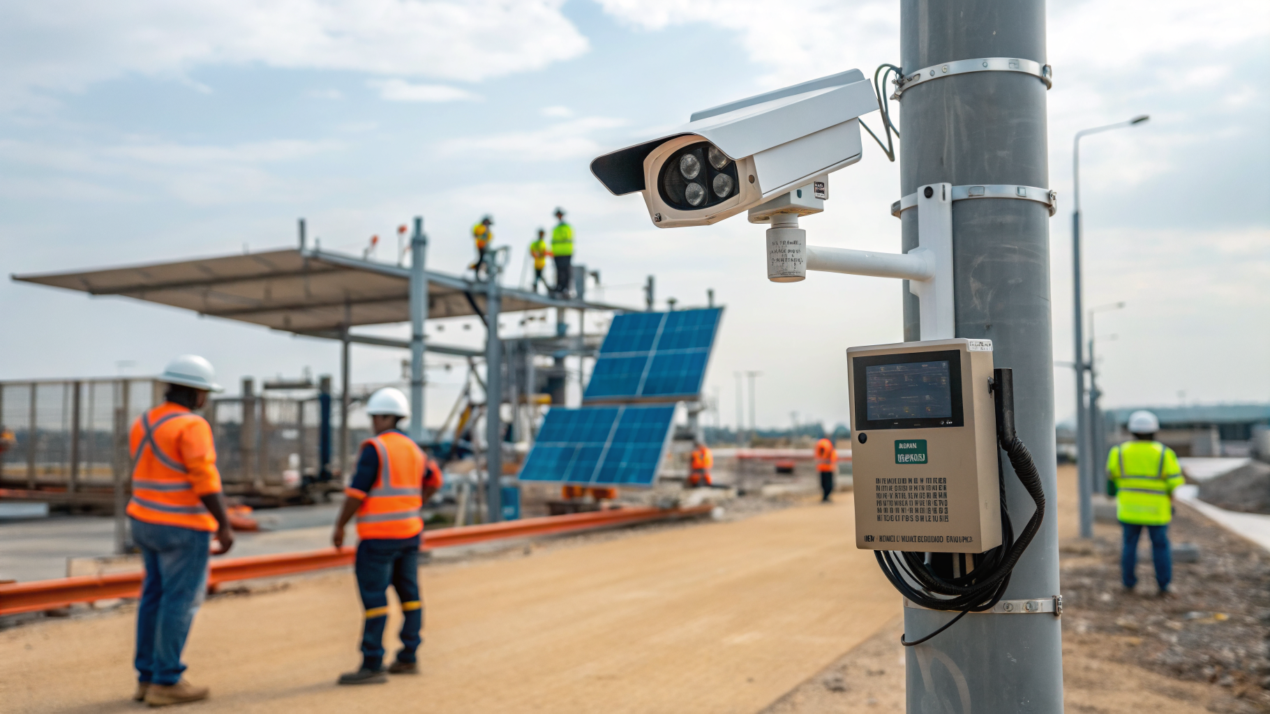 Câmera de monitoramento em tempo real em um canteiro de obras.