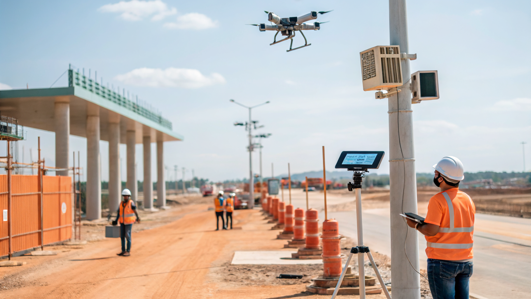 Canteiro de obras com câmeras de monitoramento de canteiro em tempo real.
