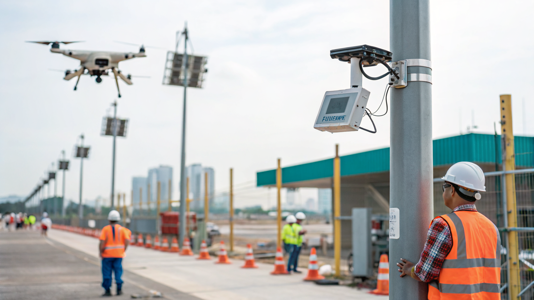 Câmera de monitoramento em um canteiro de obras.