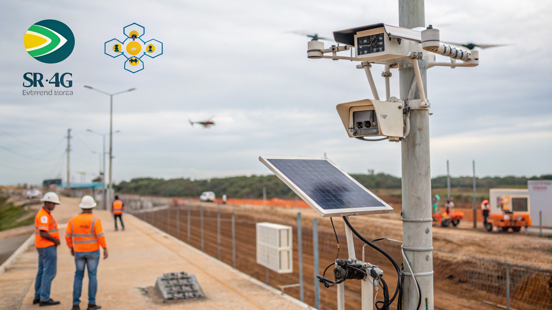 Câmeras de vigilância inteligentes monitorando um canteiro de obras.