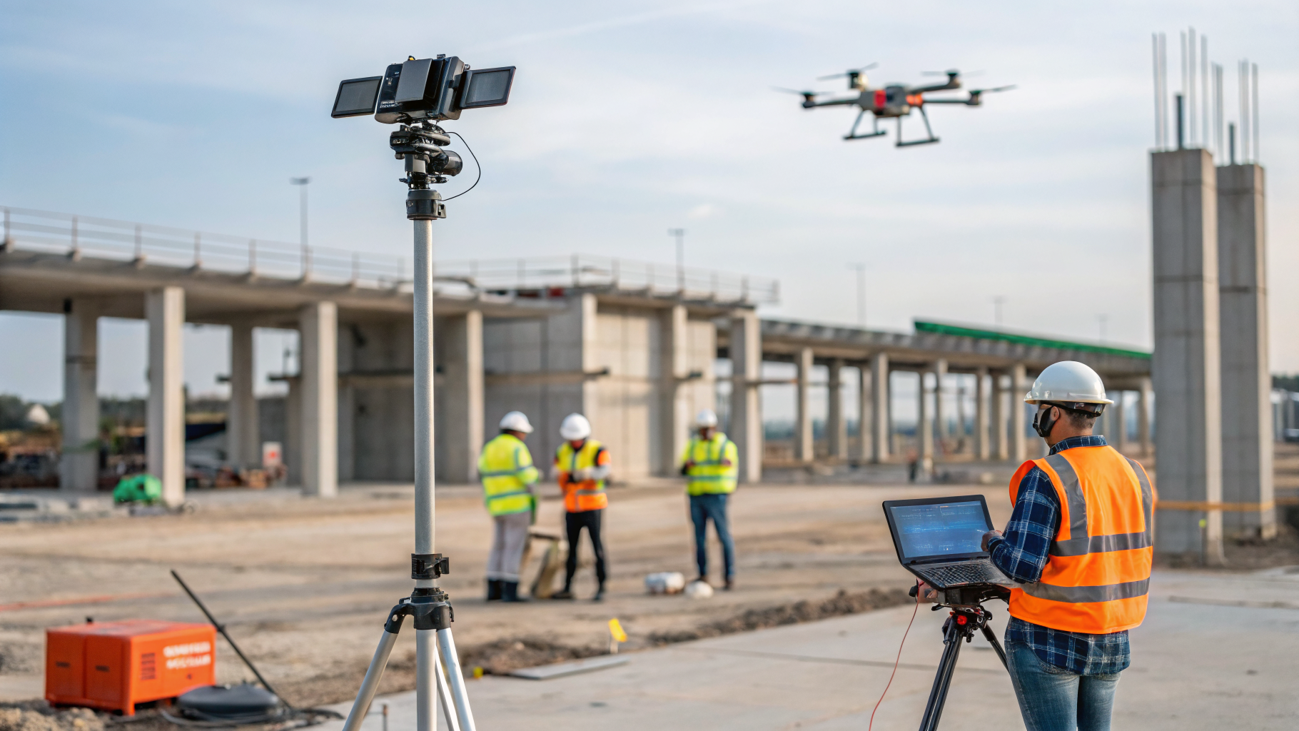 Drones e câmeras monitorando uma obra em construção.