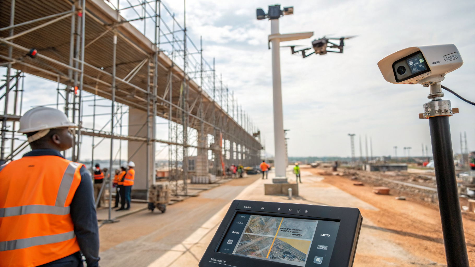 Imagem de um canteiro de obras com tecnologia de monitoramento de IA