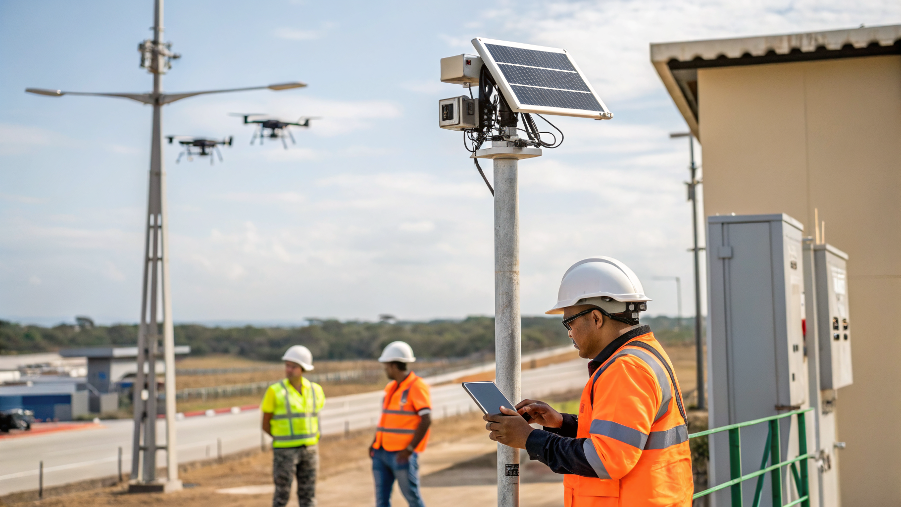 Imagem de trabalhadores usando EPIs corretamente em uma obra, com fundo de câmeras de monitoramento.