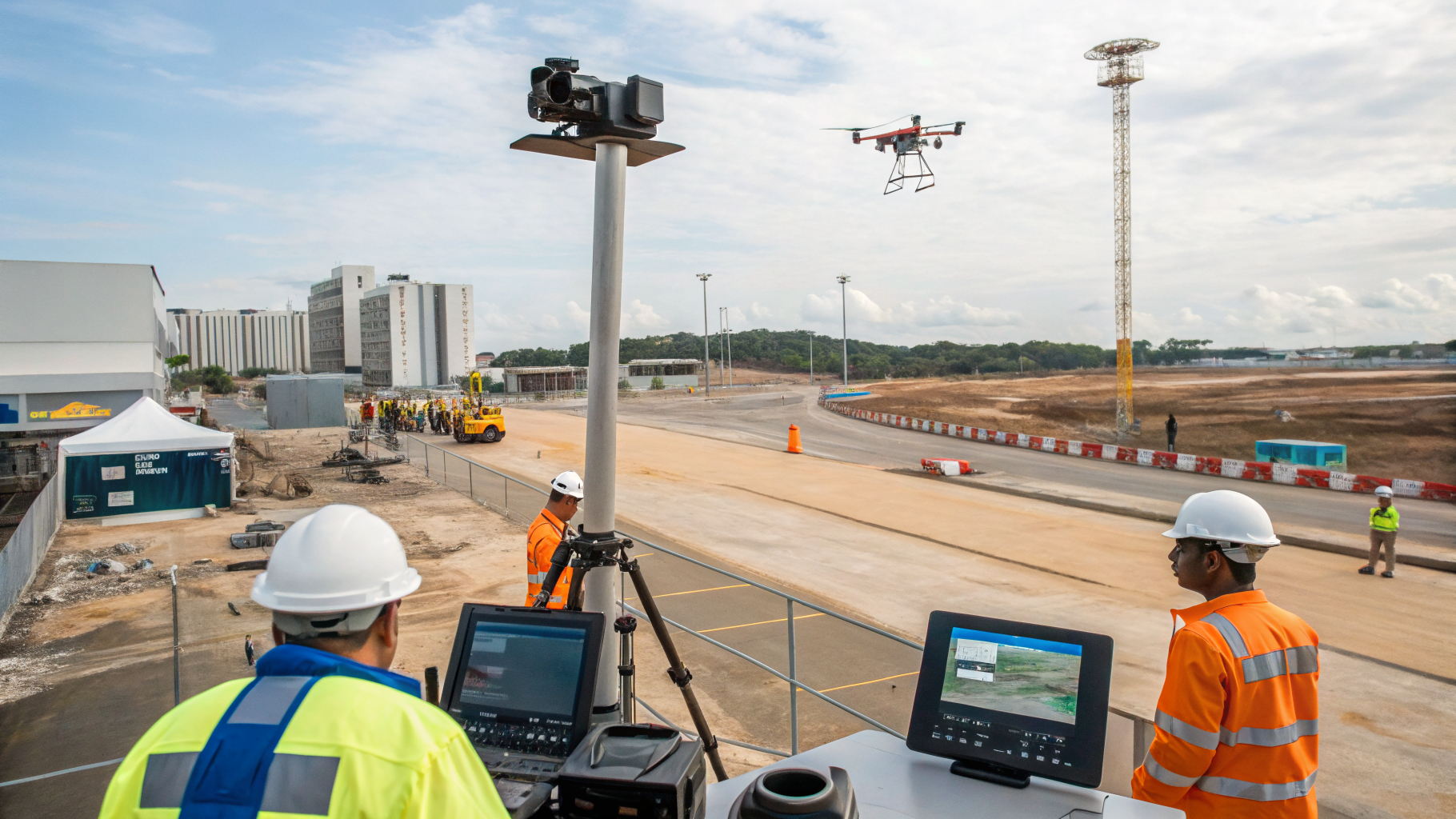 Ilustração de uma obra de construção com trabalhadores usando EPIs e monitoramento por câmera inteligente.