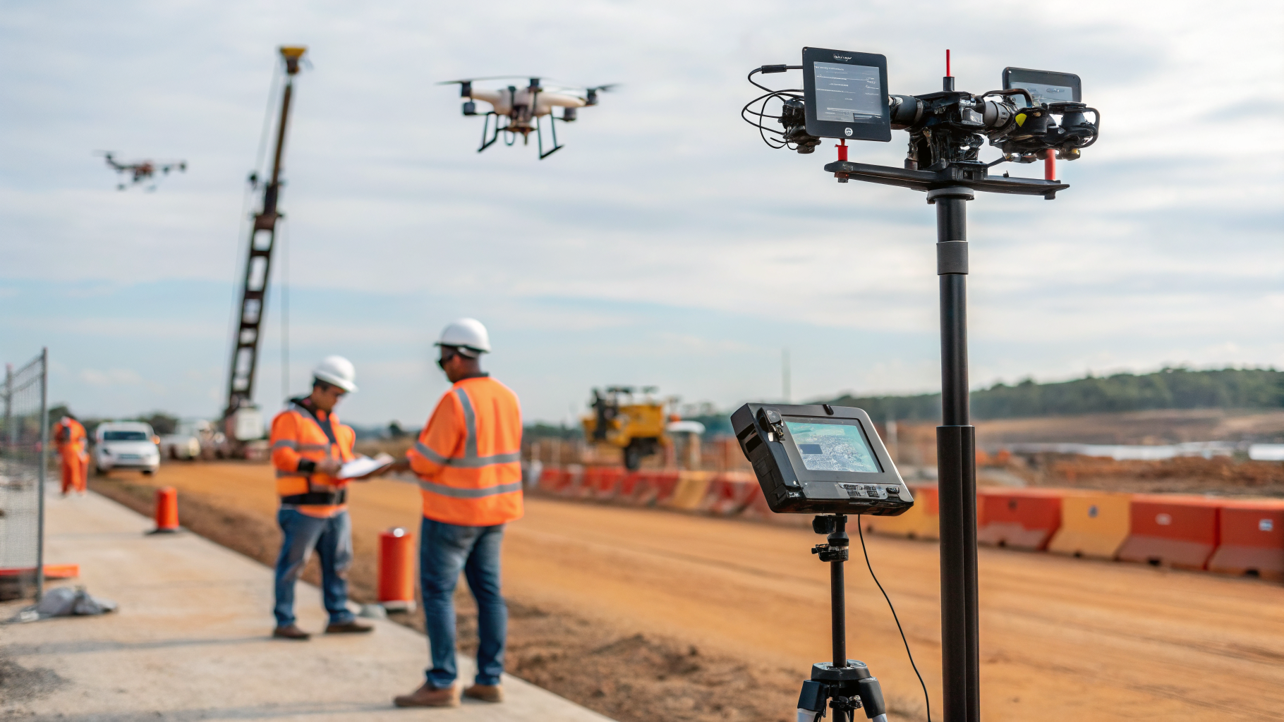 Câmeras e drones monitorando uma obra de construção civil para segurança do trabalho.