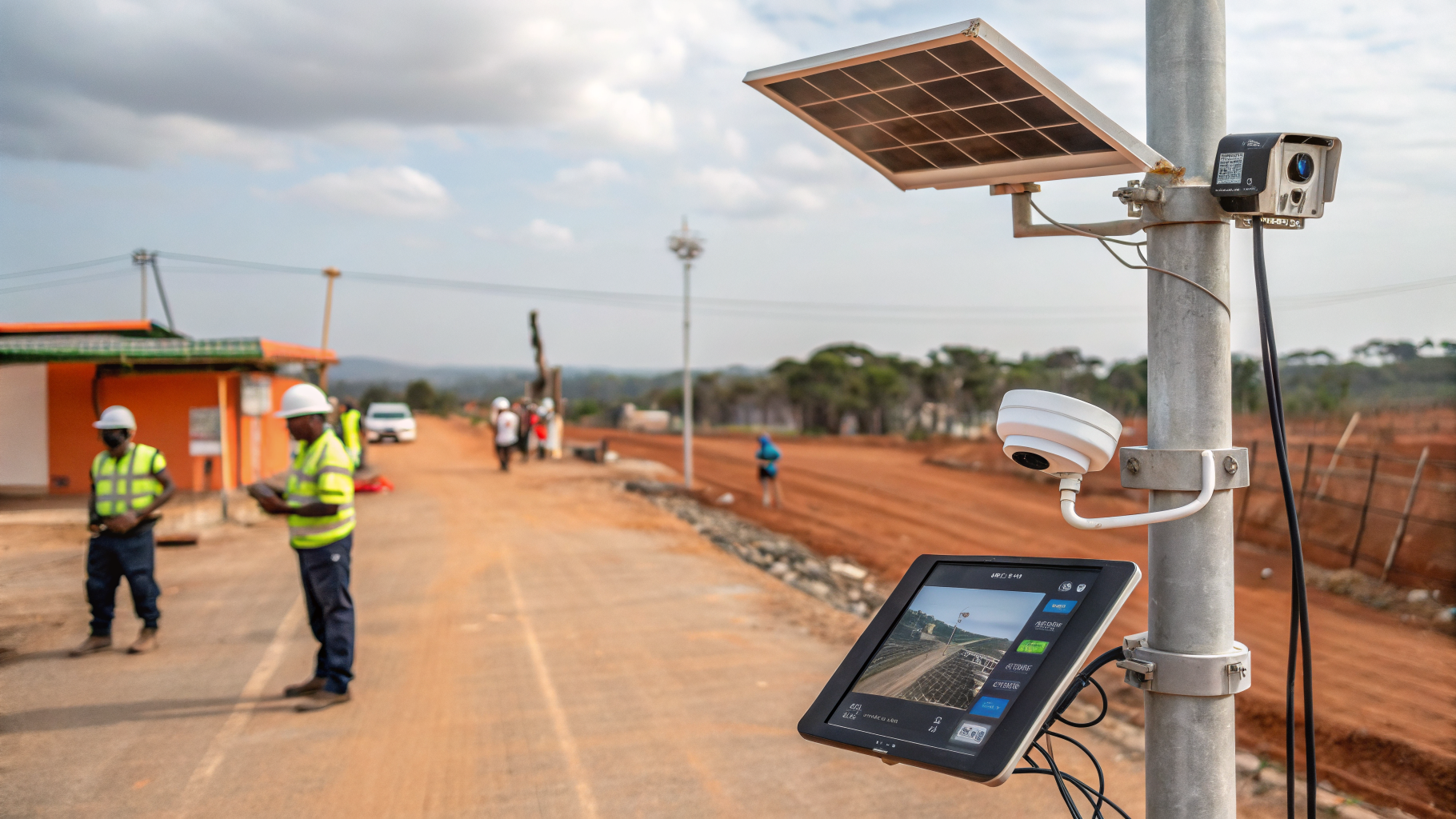 Câmeras de segurança instaladas em um canteiro de obras para monitoramento remoto.