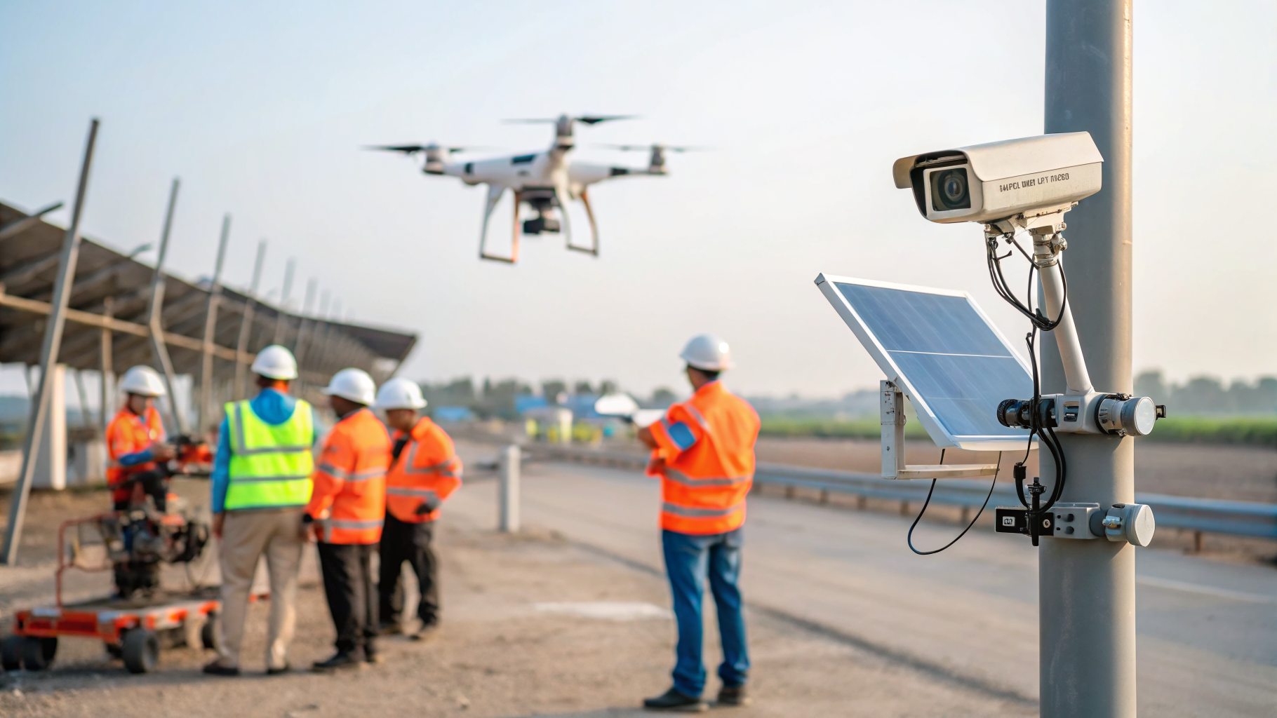 Câmera de monitoramento em um canteiro de obras com trabalhadores em um ambiente de trabalho seguro.