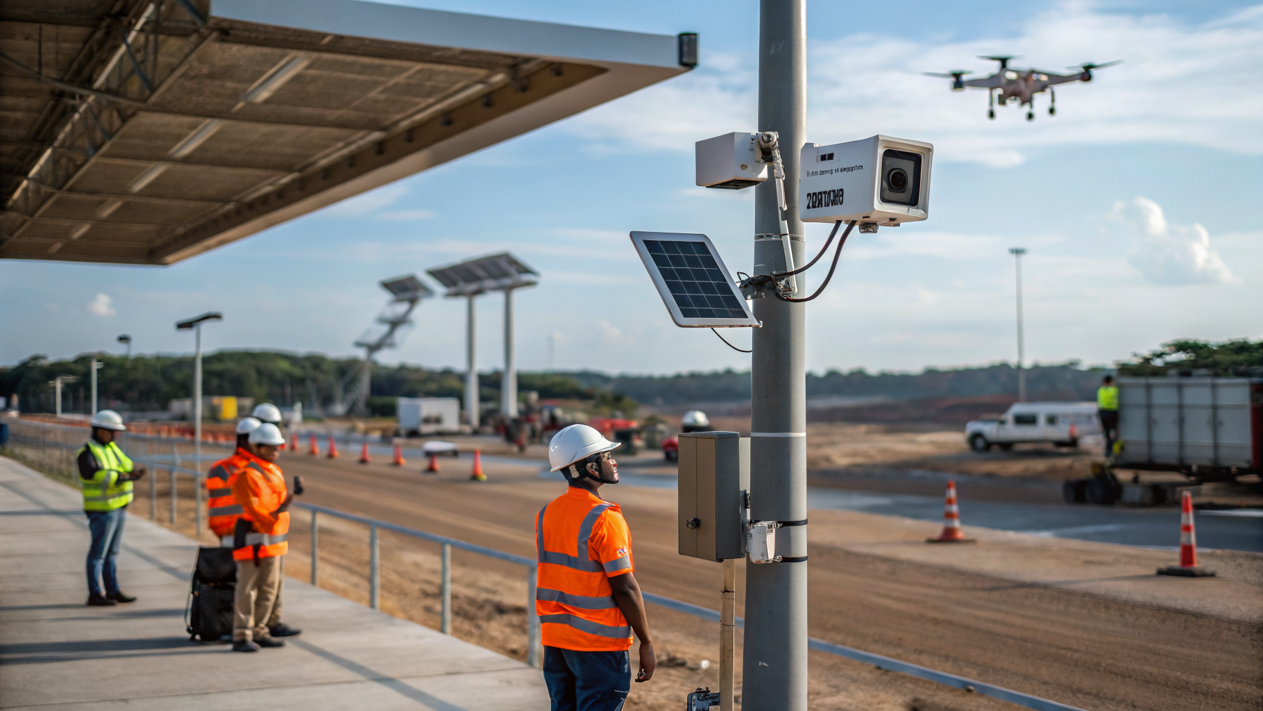 Câmeras de monitoramento em uma obra de construção civil