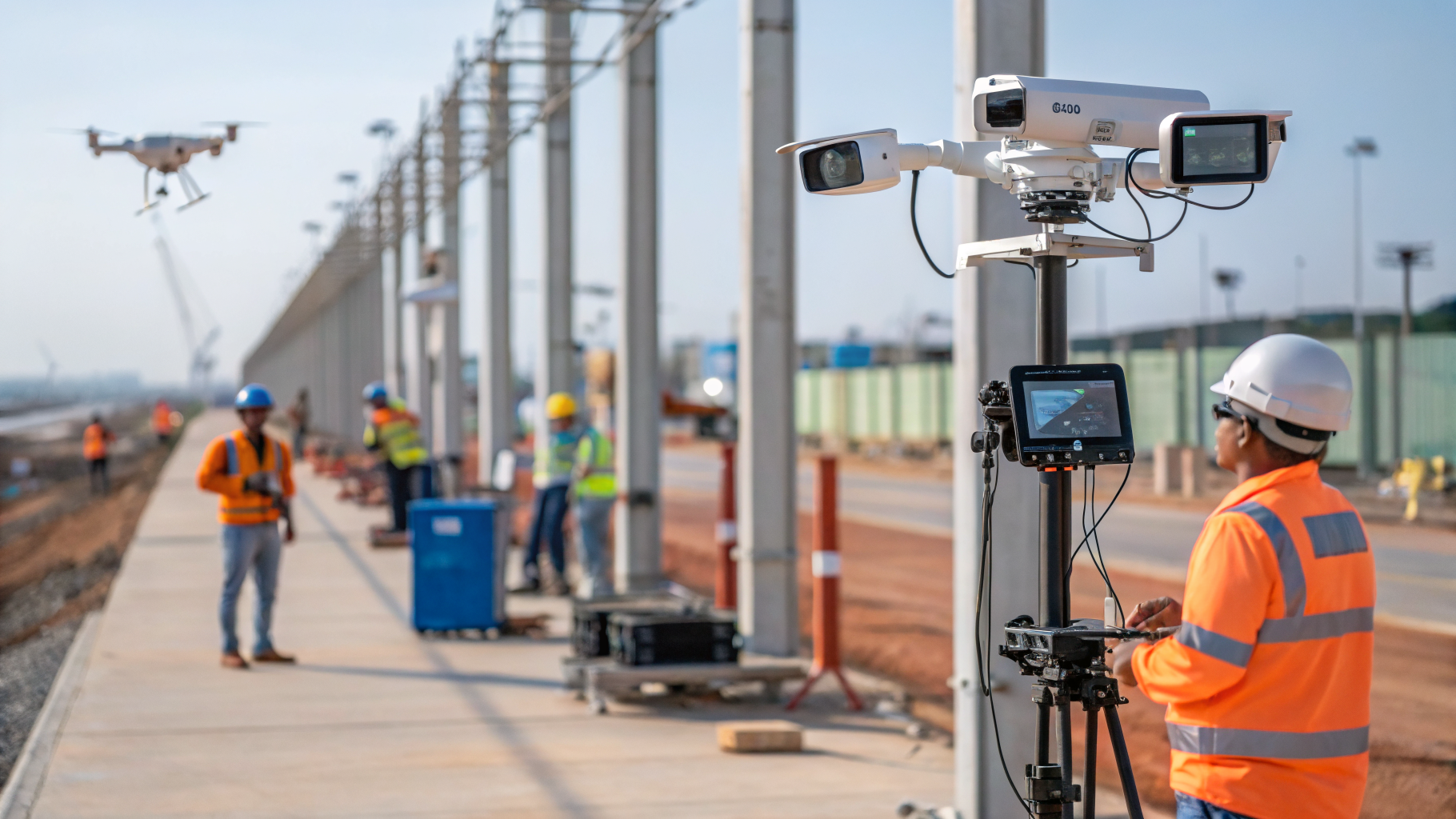 Câmeras de monitoramento em um canteiro de obras para segurança dos trabalhadores.
